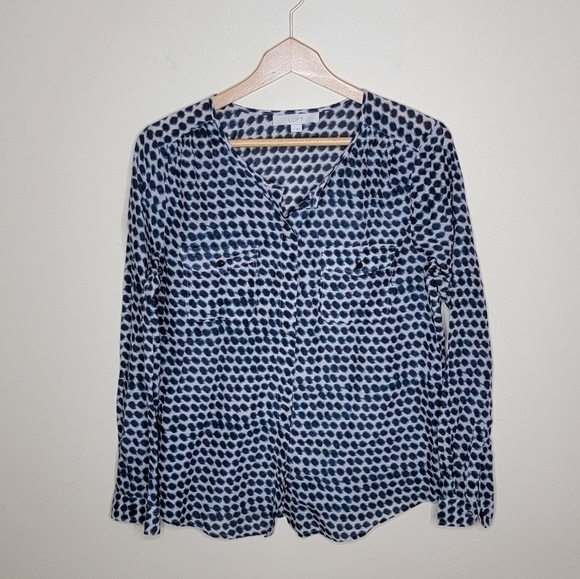 LOFT | Beige Navy Teal Abstract Circle Print Button Front Blouse Size Medium - Picture 1 of 4